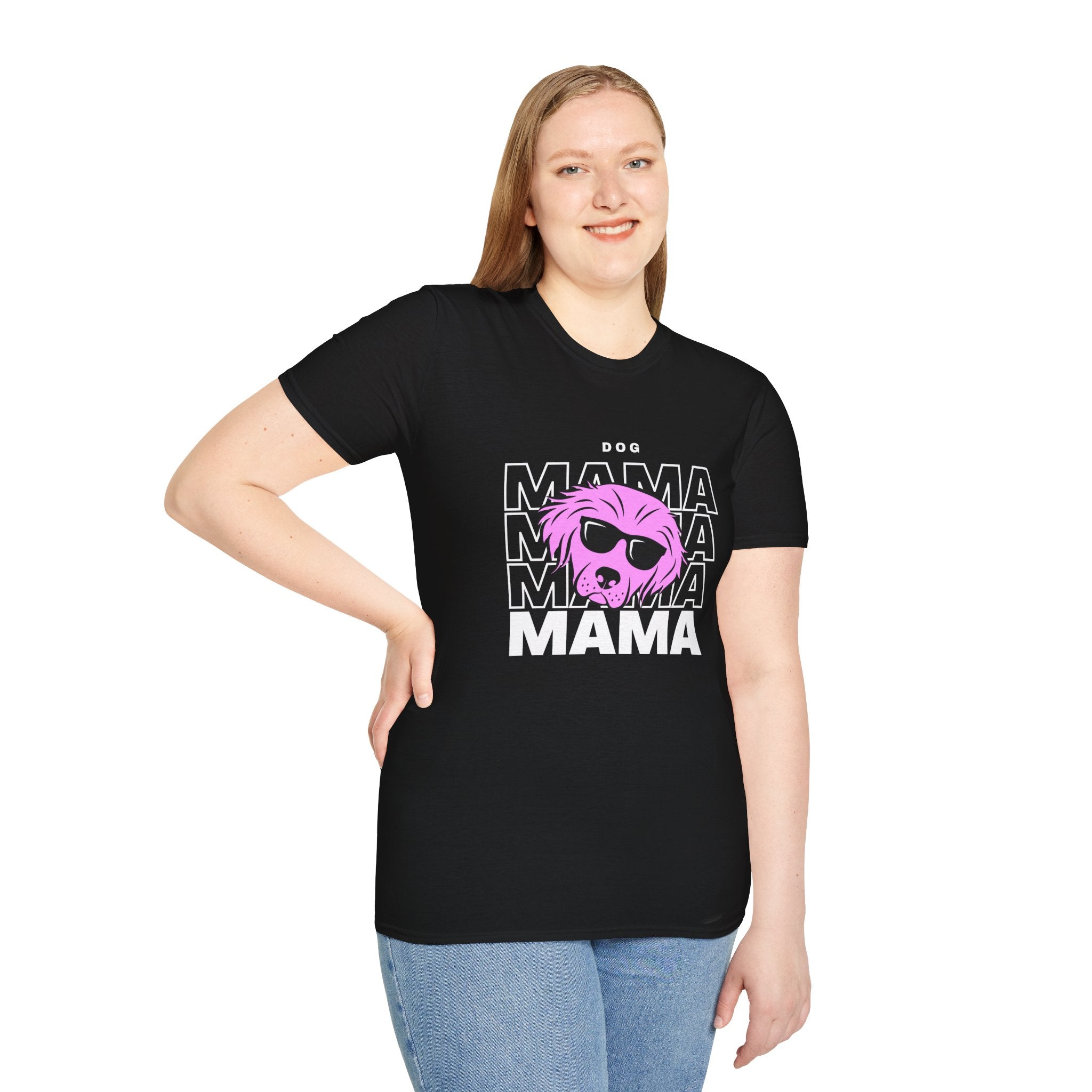 Cool "Dog Mama" T-Shirt with Pink Pup Design - Perfect for Dog Moms Woman | Animal Moms - Dog Lover Paw Shirt - Dog Mom Paw Lover Shirt - Unisex Softstyle T-Shirt