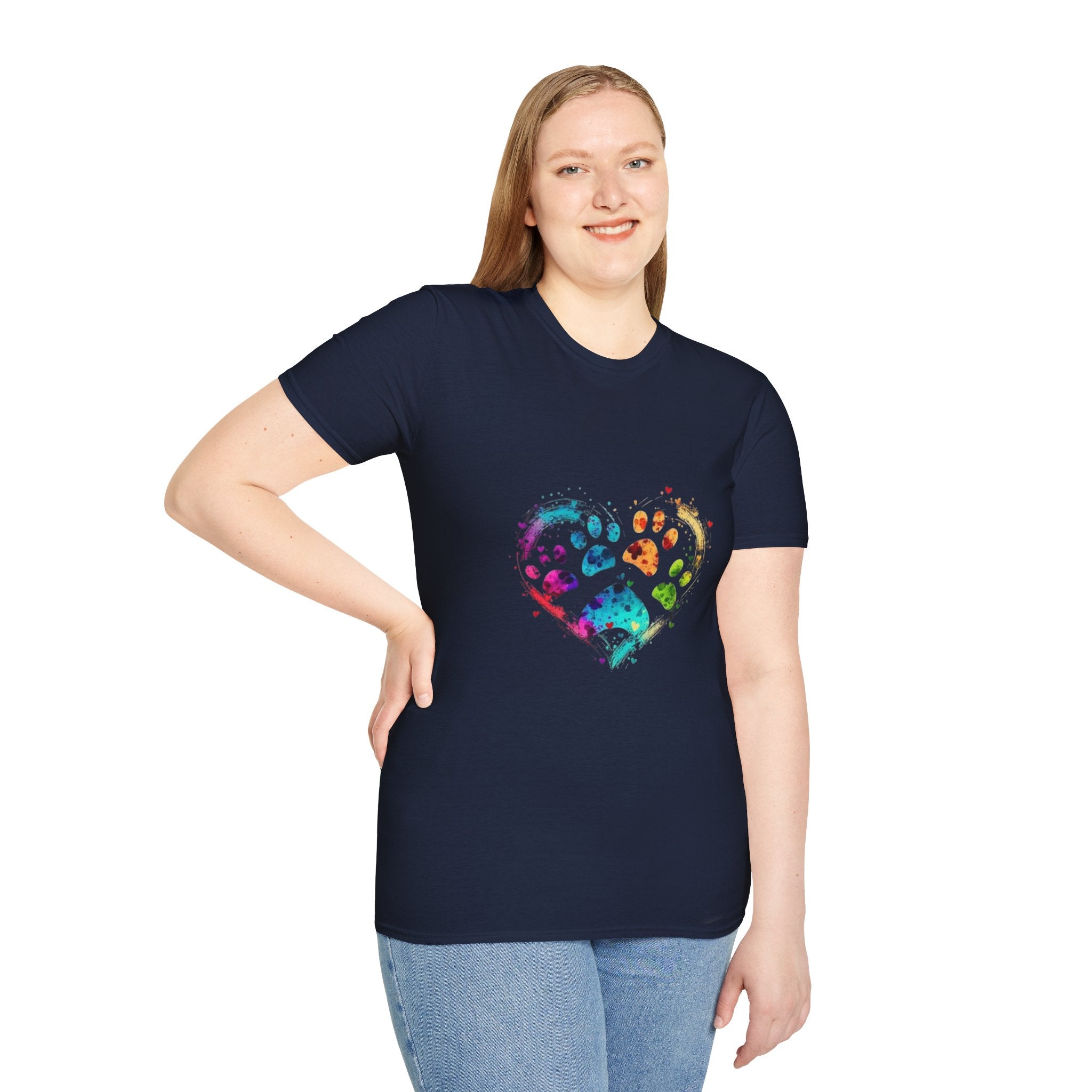 Colorful Paw Print In A Heart Shape For Dog Lovers - Funny Pet Lover Tee for Dog Moms | Pet Lovers Cute Pet Tees with Dog and Woman | Animal Moms - Dog Lover Paw Shirt - Dog Mom Paw Lover Shirt - Unisex Softstyle T-Shirt