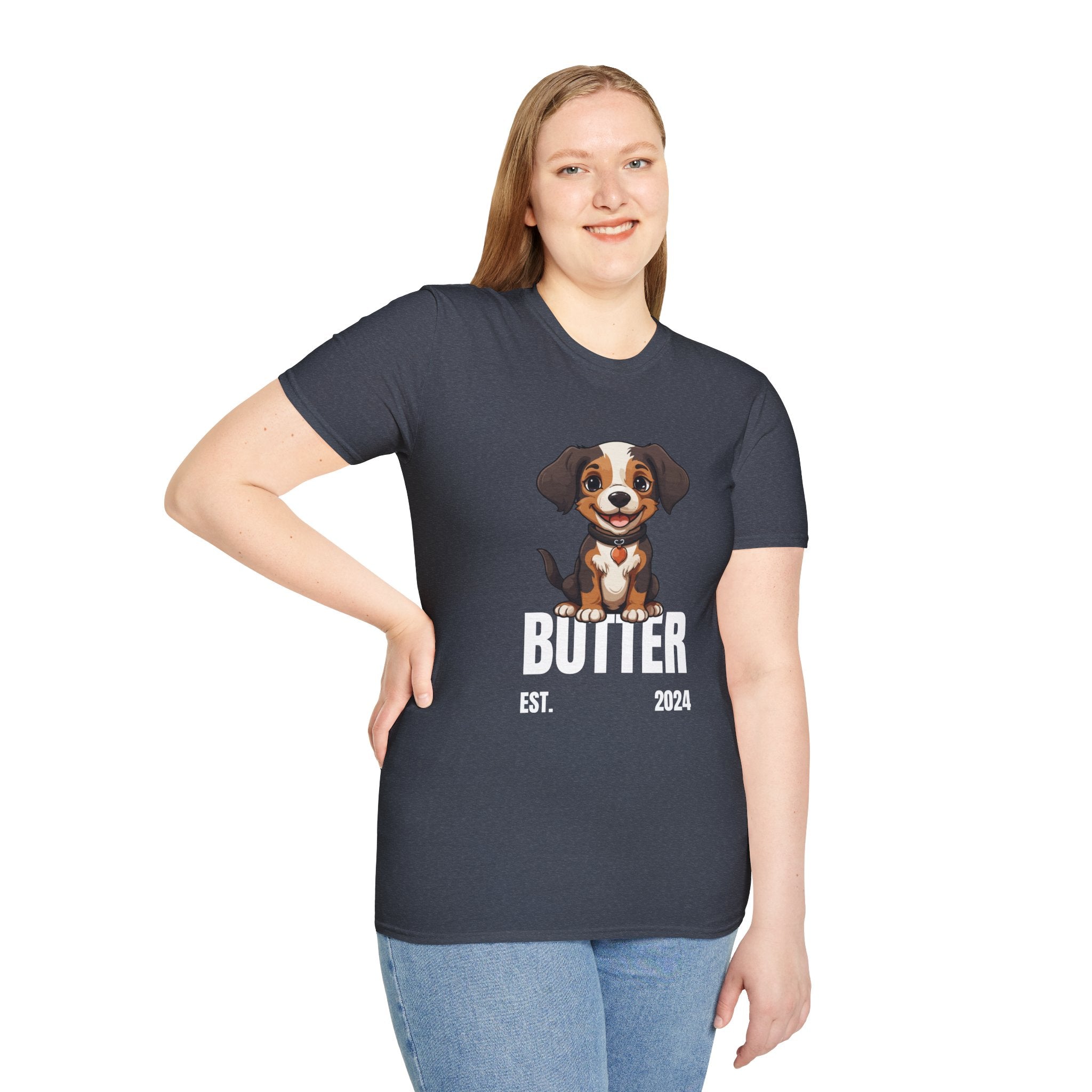 Cute Dog "Butter" Est. 2024 - Funny Pet Lover Tee for Dog Moms | Pet Lovers Cute Pet Tees with Dog and Woman | Animal Moms - Dog Lover Paw Shirt - Dog Mom Paw Lover Shirt - Unisex Softstyle T-Shirt