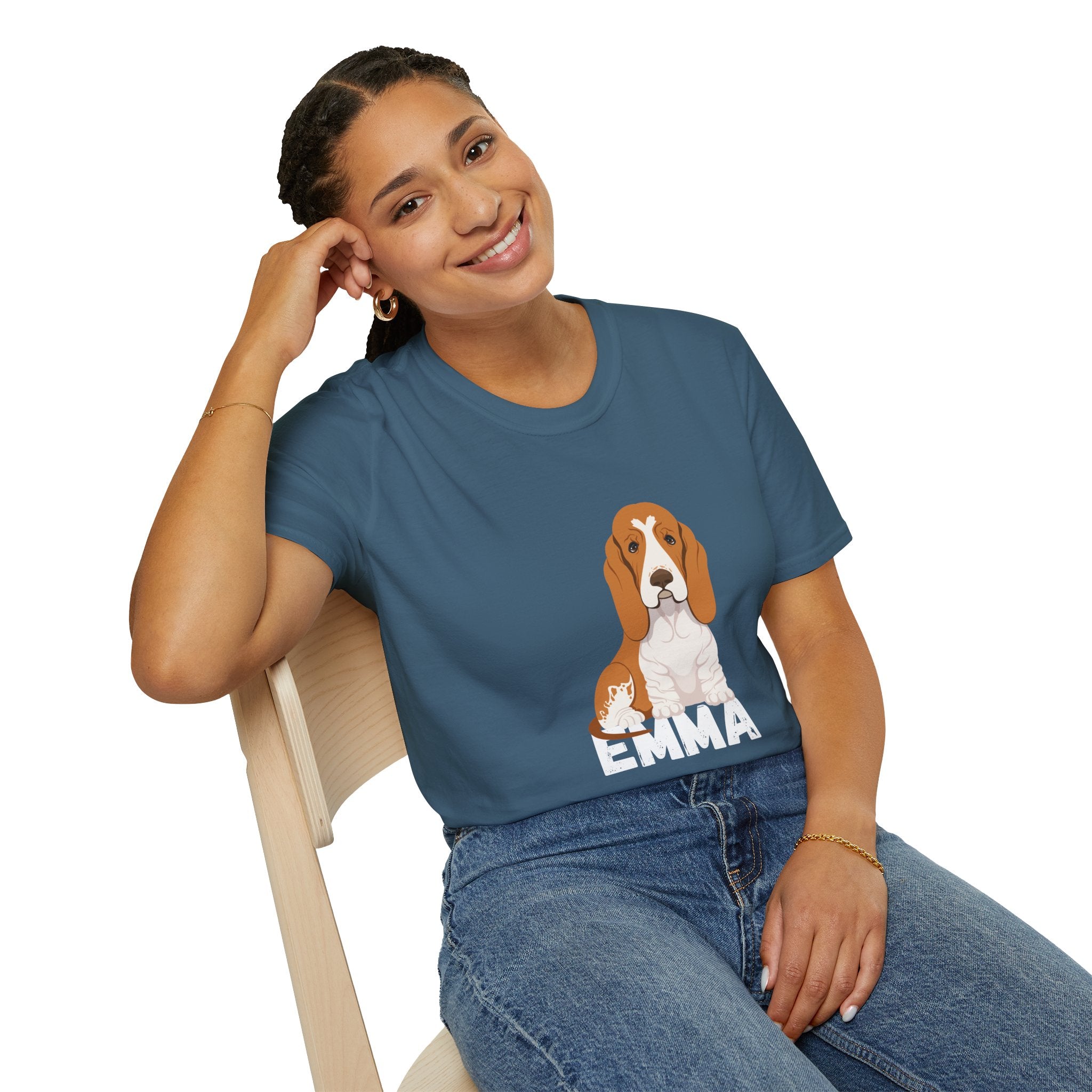 "Emma" Cute Dog Perfect for Proud Dog Moms | Pet Lovers Cute Pet Tees with Dog and Woman | Animal Moms - Dog Lover Paw Shirt - Dog Mom Paw Lover Shirt - Unisex Softstyle T-Shirt