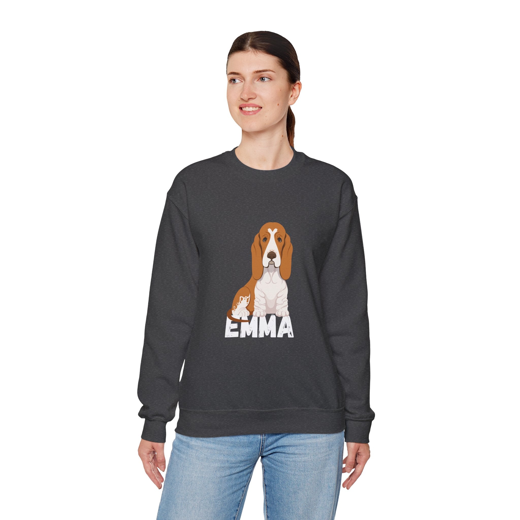 "Emma" Cute Dog Perfect for Proud Dog Moms | Pet Lovers Cute Pet Tees Design with Dog and Woman | Animal Moms | Animal Moms - Dog Owners Sweatshirt - Dog Lovers Sweatshirt - Unisex Heavy Blend™ Crewneck Sweatshirt