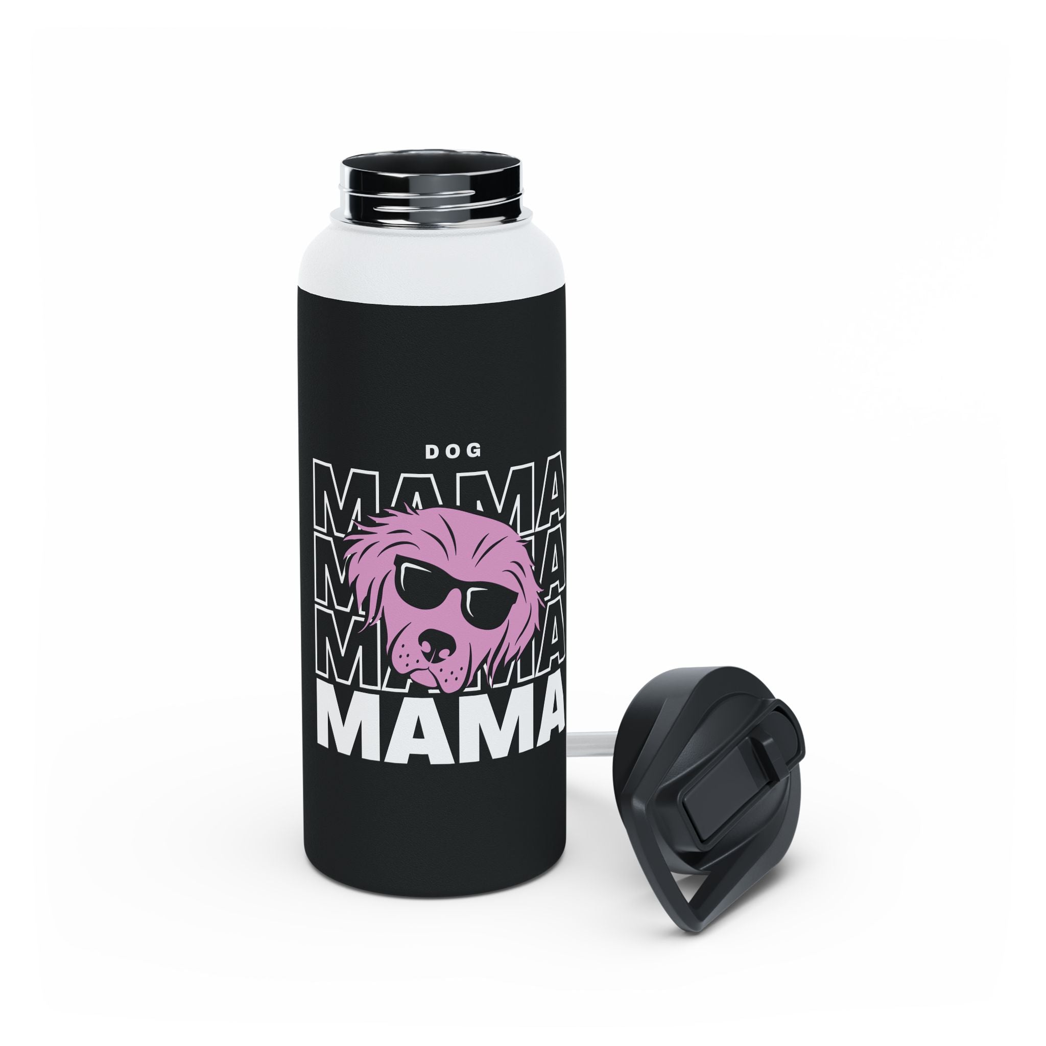 Cool "Dog Mama" T-Shirt with Pink Pup Design - Perfect for Dog Moms Woman | Animal Moms Women’s Apparel - Paw Print With Dog Mom Text Stainless Steel Water Bottle, Standard Lid