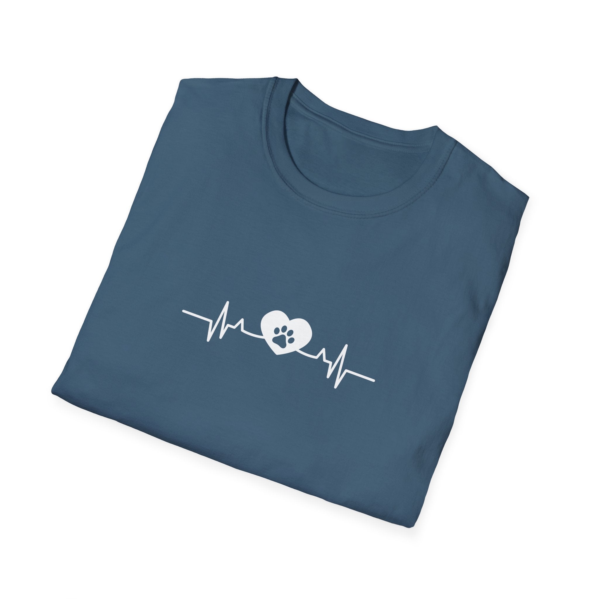 Dog Paw Printed On Heartbeat for Dog Lovers - Funny Pet Lover Tee for Dog Moms | Pet Lovers Cute Pet Tees with Dog and Woman | Animal Moms - Dog Lover Paw Shirt - Dog Mom Paw Lover Shirt - Unisex Softstyle T-Shirt