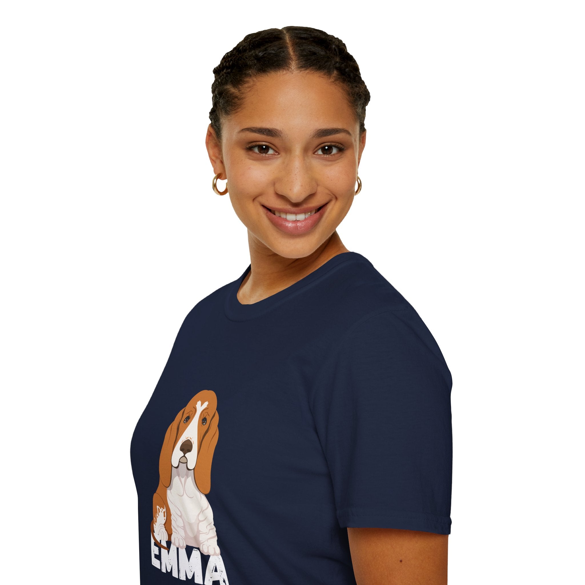 "Emma" Cute Dog Perfect for Proud Dog Moms | Pet Lovers Cute Pet Tees with Dog and Woman | Animal Moms - Dog Lover Paw Shirt - Dog Mom Paw Lover Shirt - Unisex Softstyle T-Shirt