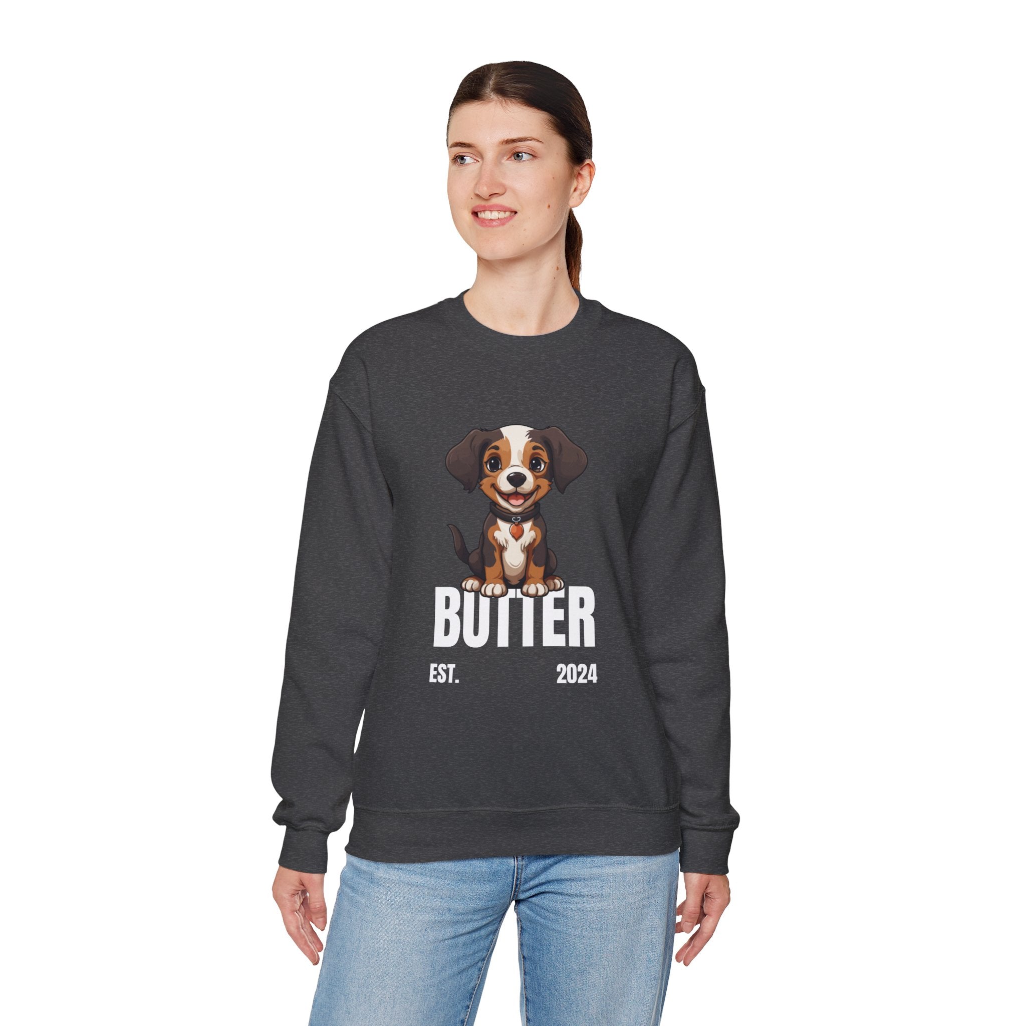 Cute Dog "Butter" Est. 2024 - Funny Pet Lover Tee for Dog Moms  for Proud Pet Lovers Pet Lovers Cute Pet Tees Design with Dog and Woman | Animal Moms | Animal Moms - Dog Owners Sweatshirt - Dog Lovers Sweatshirt - Unisex Heavy Blend™ Crewneck Sweatshirt