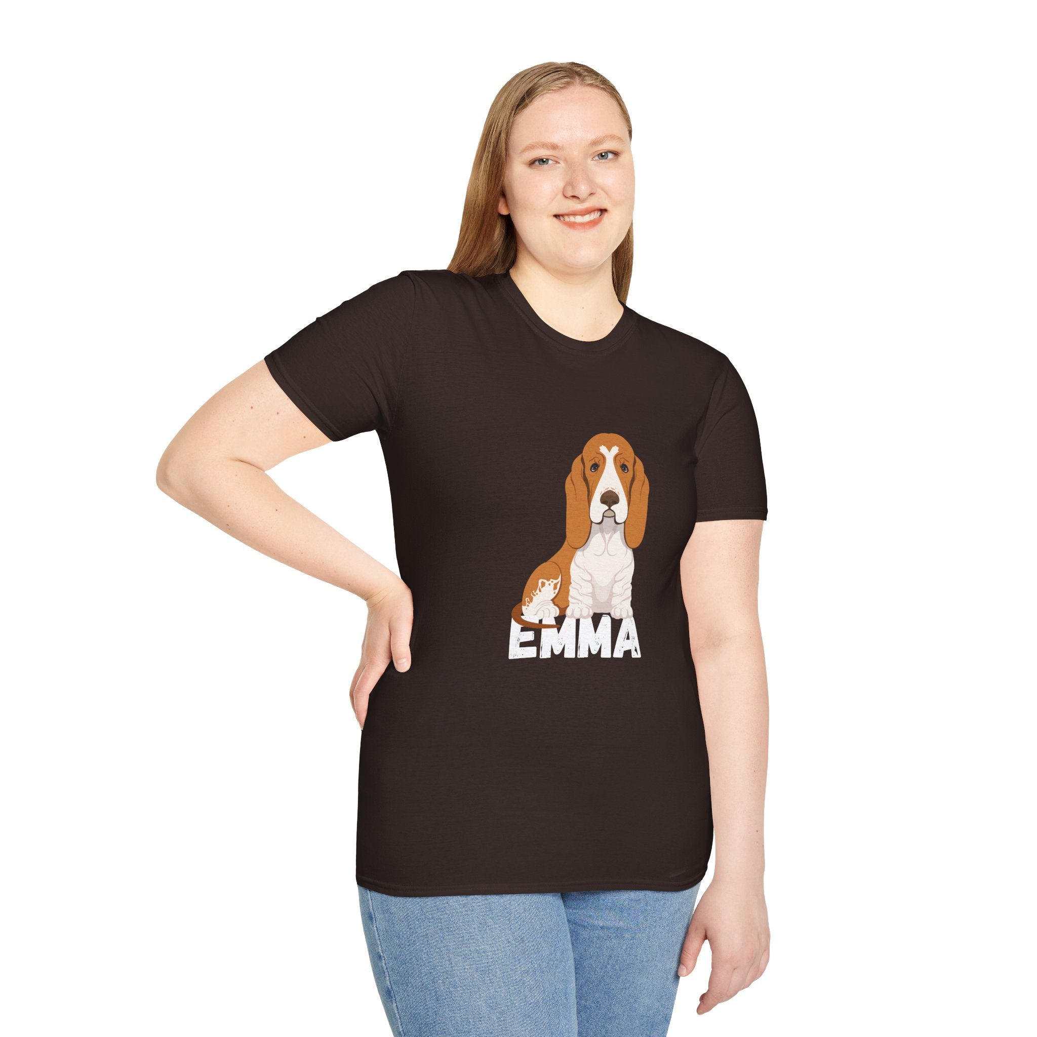 "Emma" Cute Dog Perfect for Proud Dog Moms | Pet Lovers Cute Pet Tees with Dog and Woman | Animal Moms - Dog Lover Paw Shirt - Dog Mom Paw Lover Shirt - Unisex Softstyle T-Shirt