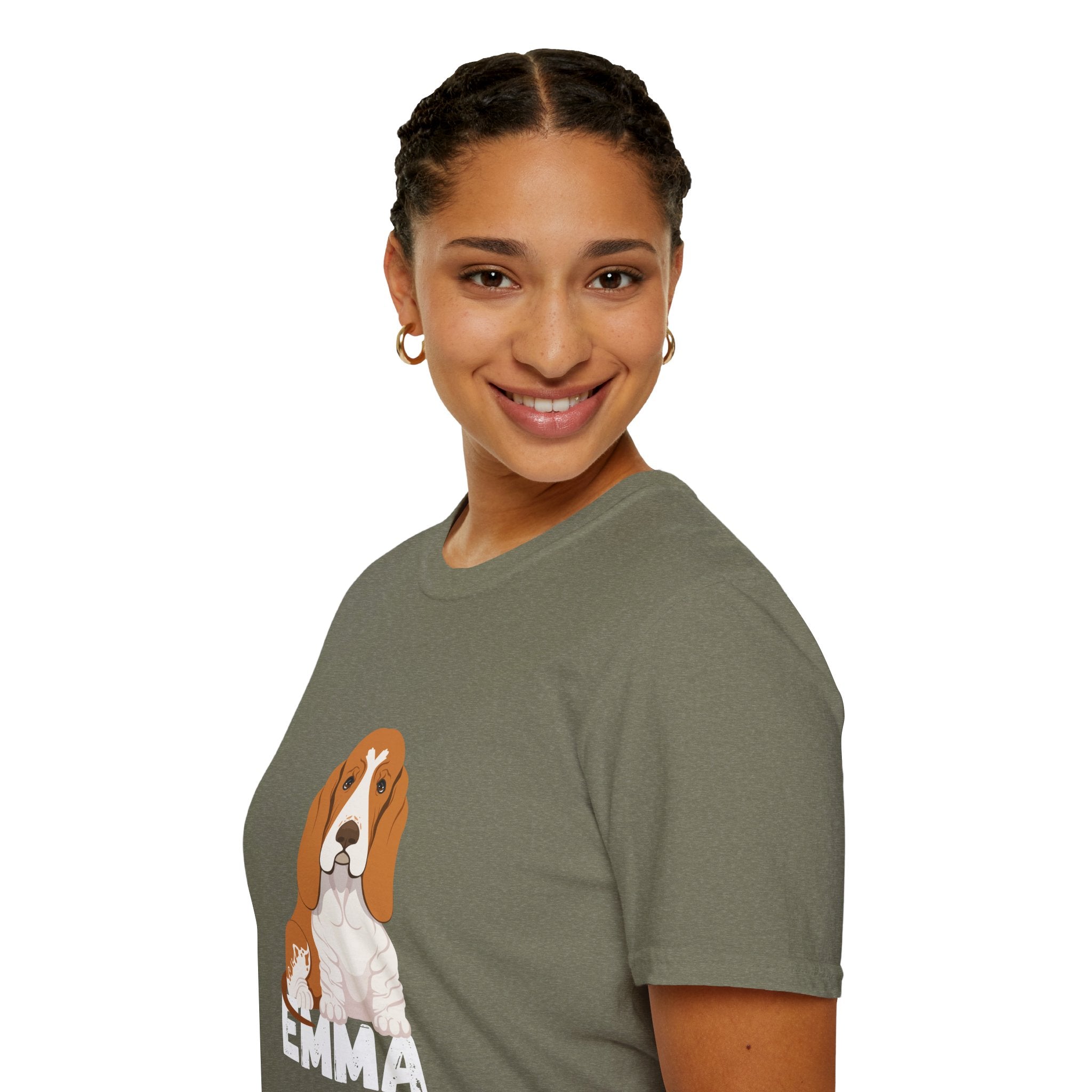 "Emma" Cute Dog Perfect for Proud Dog Moms | Pet Lovers Cute Pet Tees with Dog and Woman | Animal Moms - Dog Lover Paw Shirt - Dog Mom Paw Lover Shirt - Unisex Softstyle T-Shirt