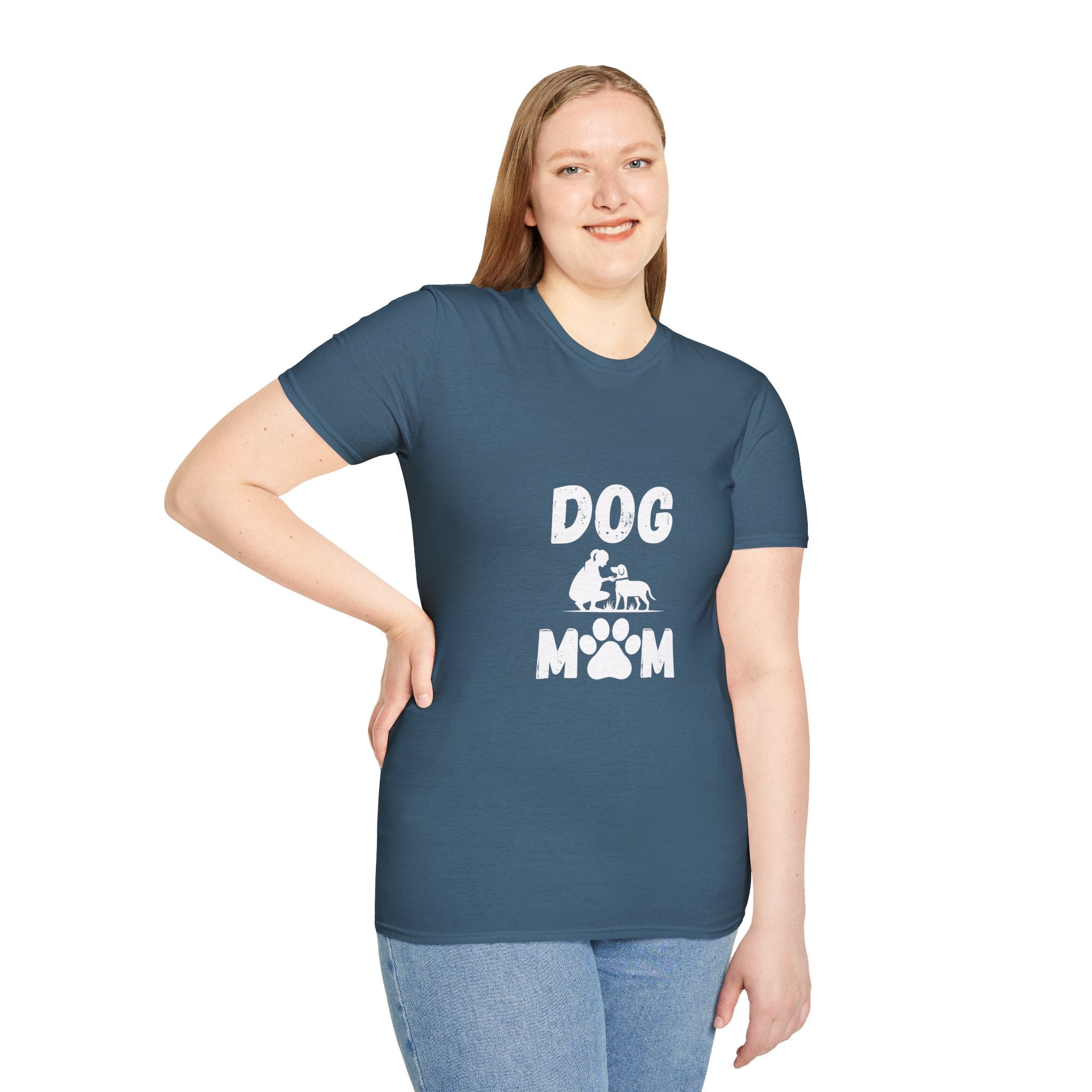 Dog Paw Printed On Heartbeat for Dog Lovers - Funny Pet Lover Tee for Dog Moms | Pet Lovers Cute Pet Tees with Dog and Woman | Animal Moms - Dog Lover Paw Shirt - Dog Mom Paw Lover Shirt - Unisex Softstyle T-Shirt