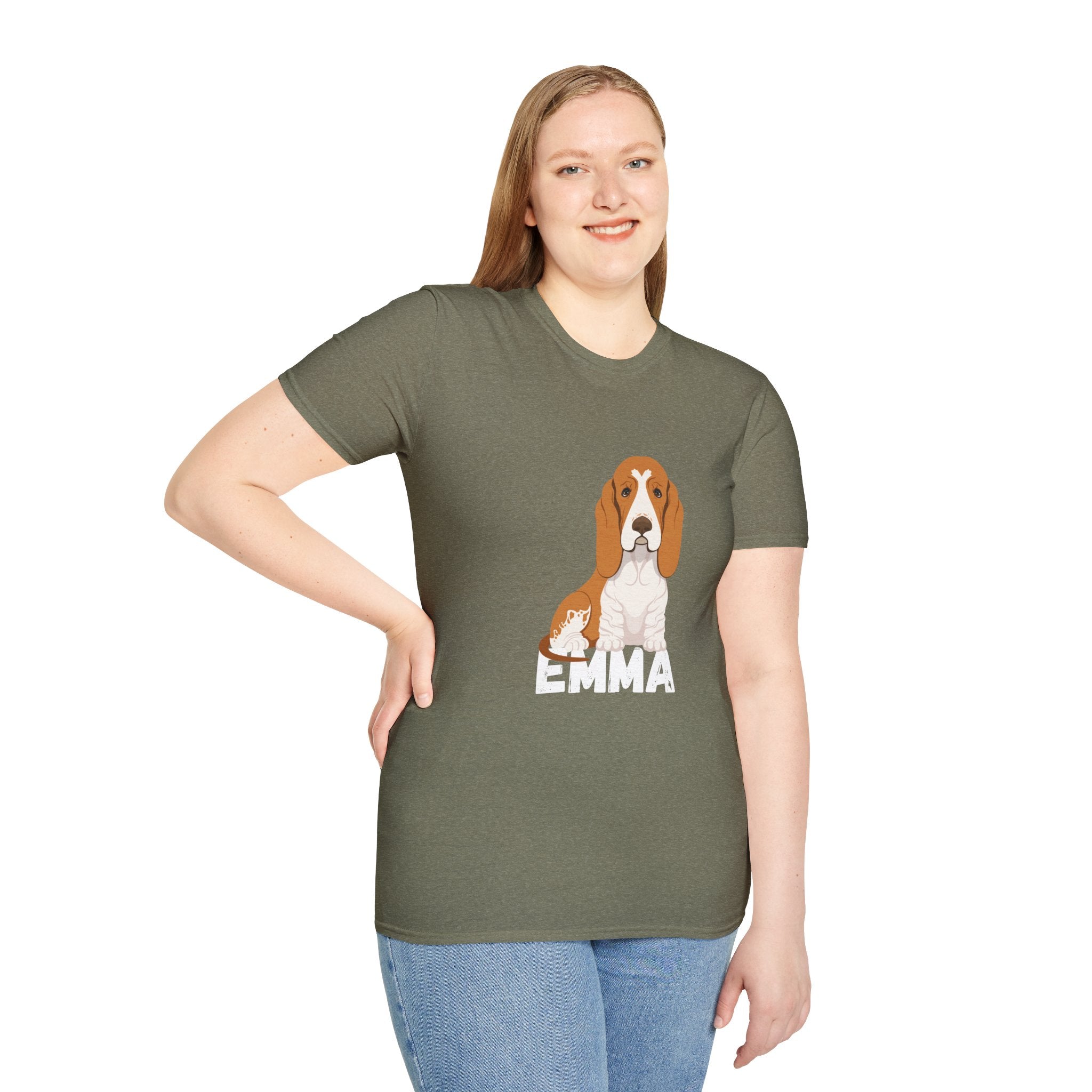 "Emma" Cute Dog Perfect for Proud Dog Moms | Pet Lovers Cute Pet Tees with Dog and Woman | Animal Moms - Dog Lover Paw Shirt - Dog Mom Paw Lover Shirt - Unisex Softstyle T-Shirt