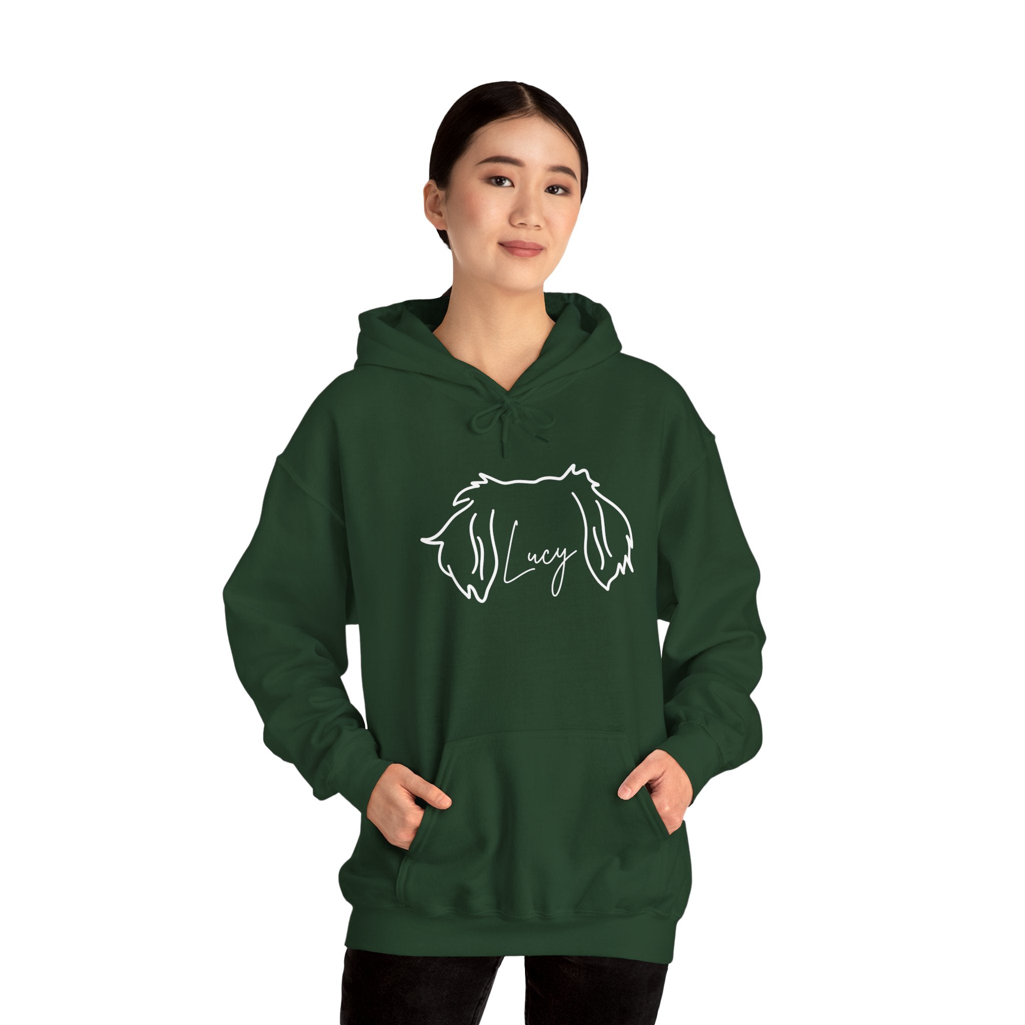 Lucy A Customized Shirt With Your Name Of Choice For Personalization - Funny Pet Lover Tee for Dog Moms | Pet Lovers Cute Pet Tees Animal Moms Women’s Apparel - Pet Lovers Hoodie - Dog Paw Lovers Unisex Heavy Blend™ Hooded Sweatshirt