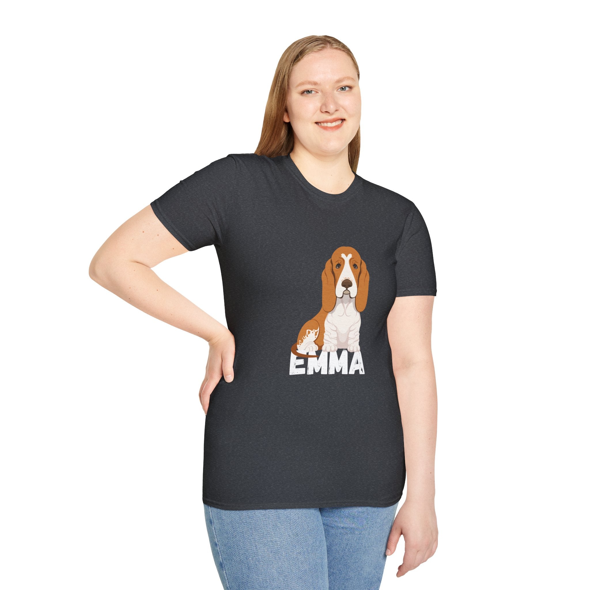 "Emma" Cute Dog Perfect for Proud Dog Moms | Pet Lovers Cute Pet Tees with Dog and Woman | Animal Moms - Dog Lover Paw Shirt - Dog Mom Paw Lover Shirt - Unisex Softstyle T-Shirt