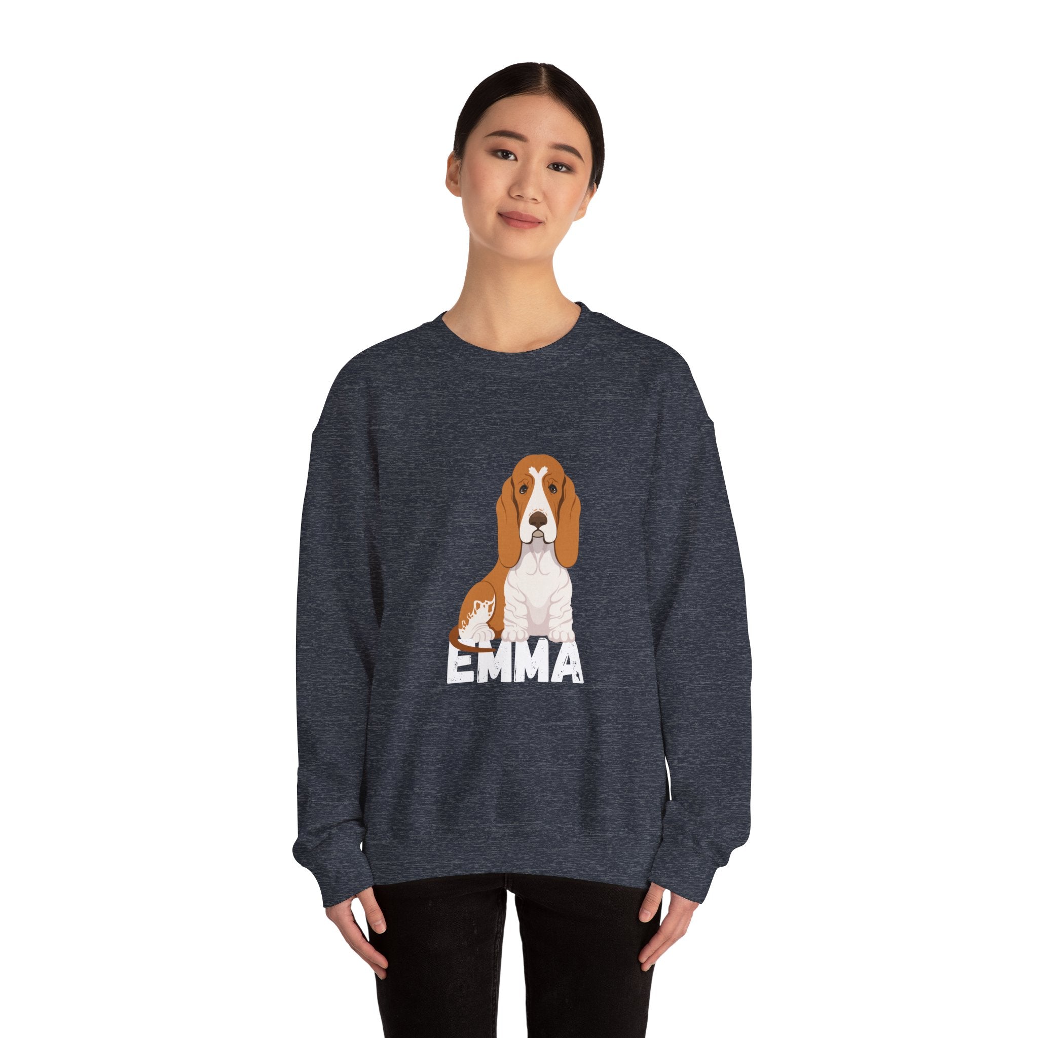 "Emma" Cute Dog Perfect for Proud Dog Moms | Pet Lovers Cute Pet Tees Design with Dog and Woman | Animal Moms | Animal Moms - Dog Owners Sweatshirt - Dog Lovers Sweatshirt - Unisex Heavy Blend™ Crewneck Sweatshirt