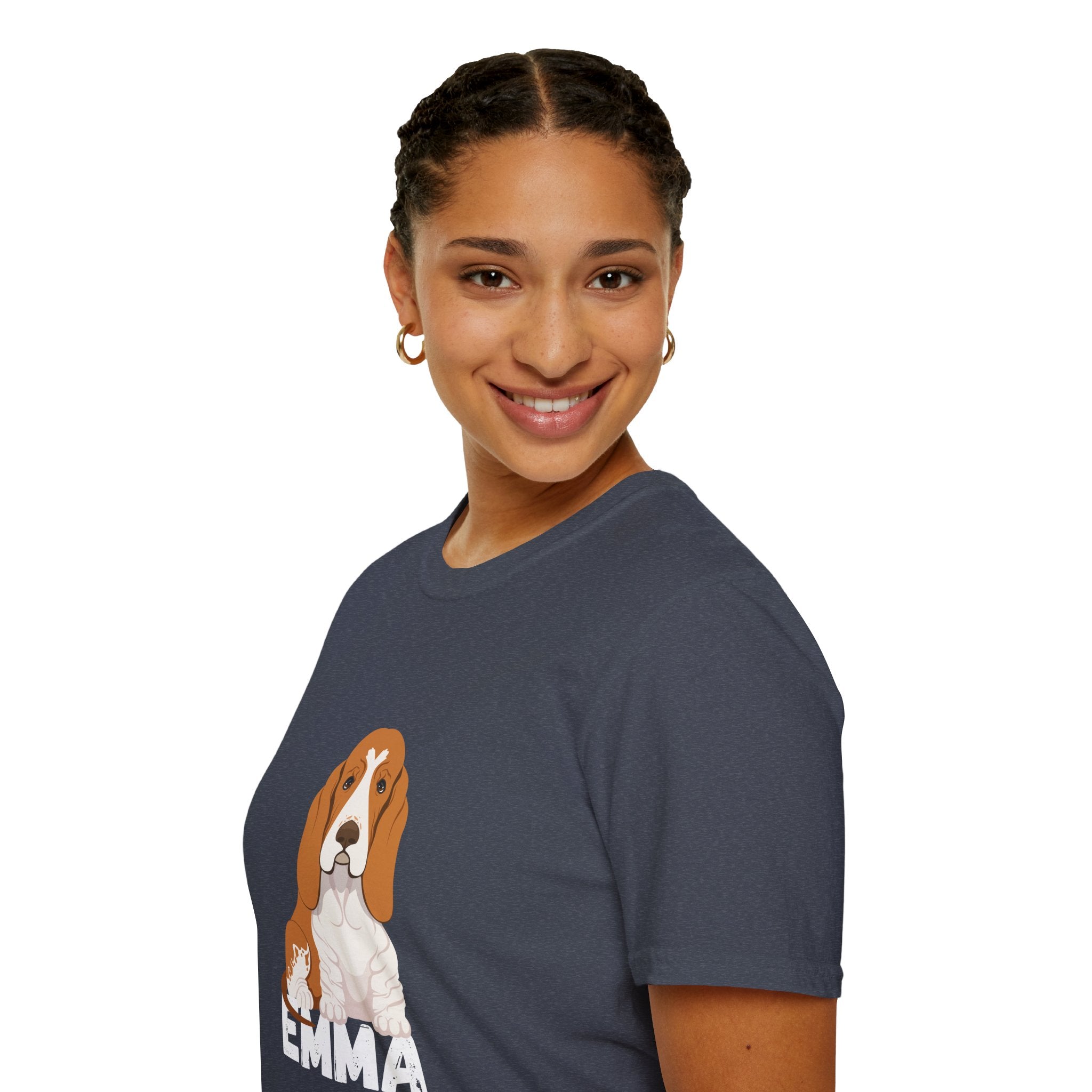 "Emma" Cute Dog Perfect for Proud Dog Moms | Pet Lovers Cute Pet Tees with Dog and Woman | Animal Moms - Dog Lover Paw Shirt - Dog Mom Paw Lover Shirt - Unisex Softstyle T-Shirt