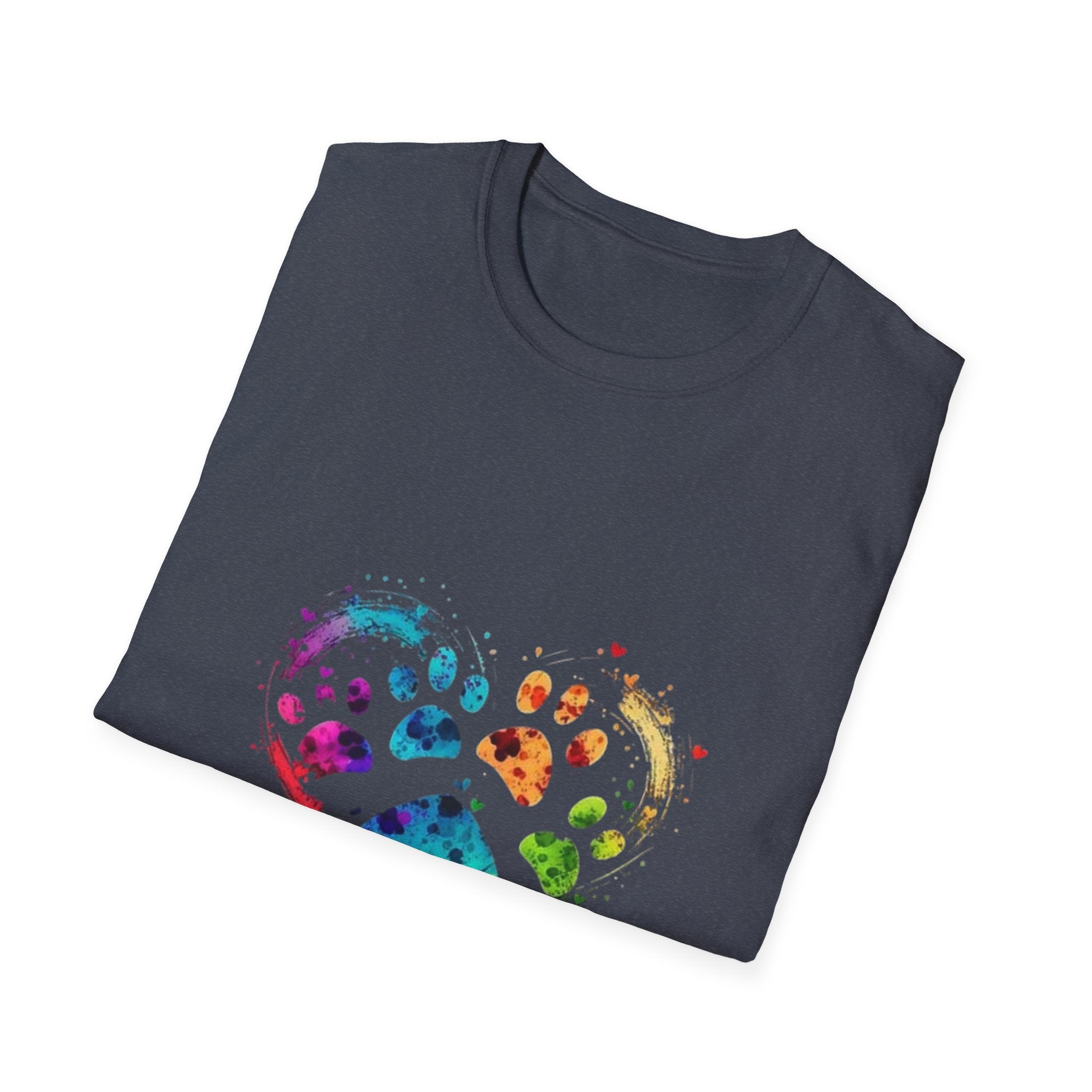 Colorful Paw Print In A Heart Shape For Dog Lovers - Funny Pet Lover Tee for Dog Moms | Pet Lovers Cute Pet Tees with Dog and Woman | Animal Moms - Dog Lover Paw Shirt - Dog Mom Paw Lover Shirt - Unisex Softstyle T-Shirt