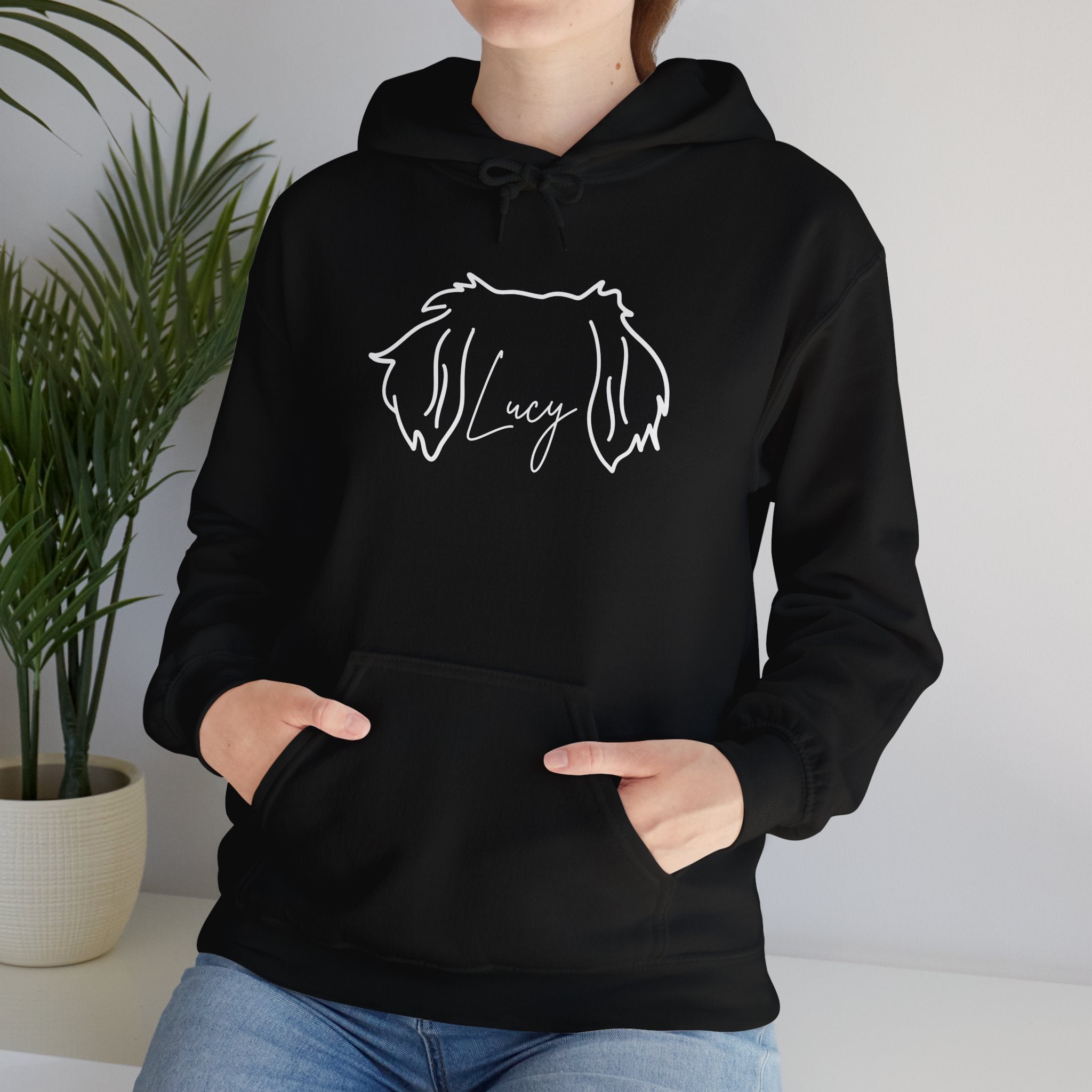 Lucy A Customized Shirt With Your Name Of Choice For Personalization - Funny Pet Lover Tee for Dog Moms | Pet Lovers Cute Pet Tees Animal Moms Women’s Apparel - Pet Lovers Hoodie - Dog Paw Lovers Unisex Heavy Blend™ Hooded Sweatshirt