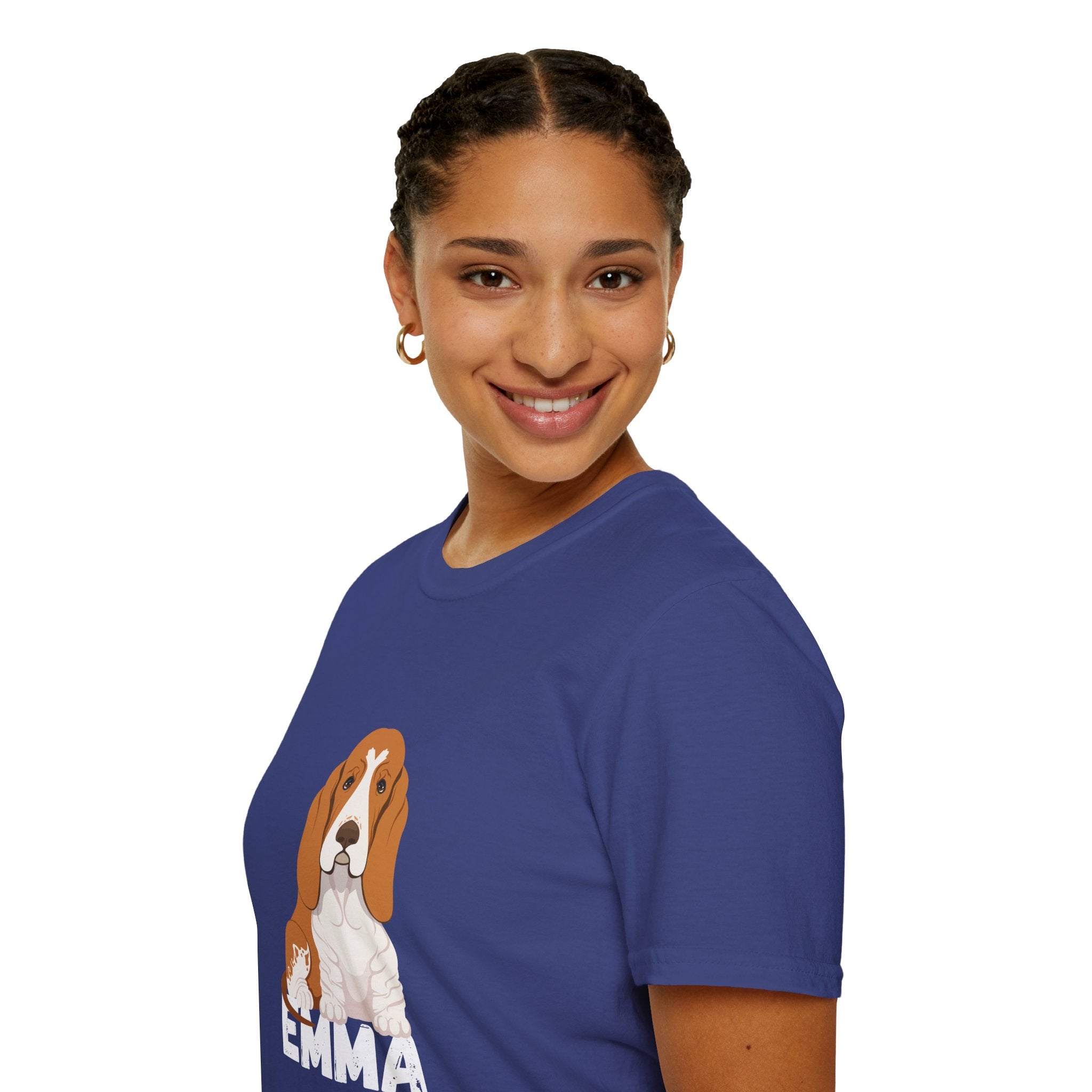 "Emma" Cute Dog Perfect for Proud Dog Moms | Pet Lovers Cute Pet Tees with Dog and Woman | Animal Moms - Dog Lover Paw Shirt - Dog Mom Paw Lover Shirt - Unisex Softstyle T-Shirt