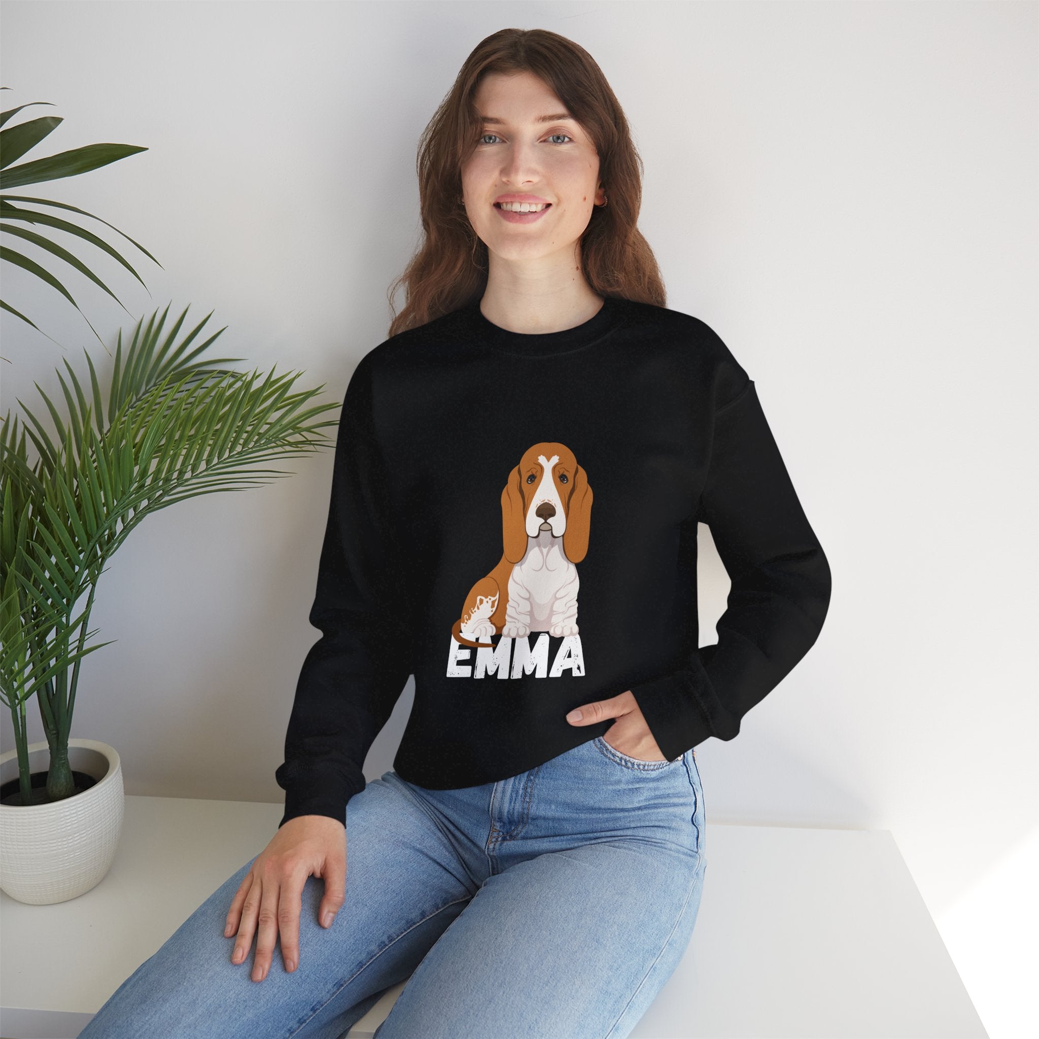 "Emma" Cute Dog Perfect for Proud Dog Moms | Pet Lovers Cute Pet Tees Design with Dog and Woman | Animal Moms | Animal Moms - Dog Owners Sweatshirt - Dog Lovers Sweatshirt - Unisex Heavy Blend™ Crewneck Sweatshirt