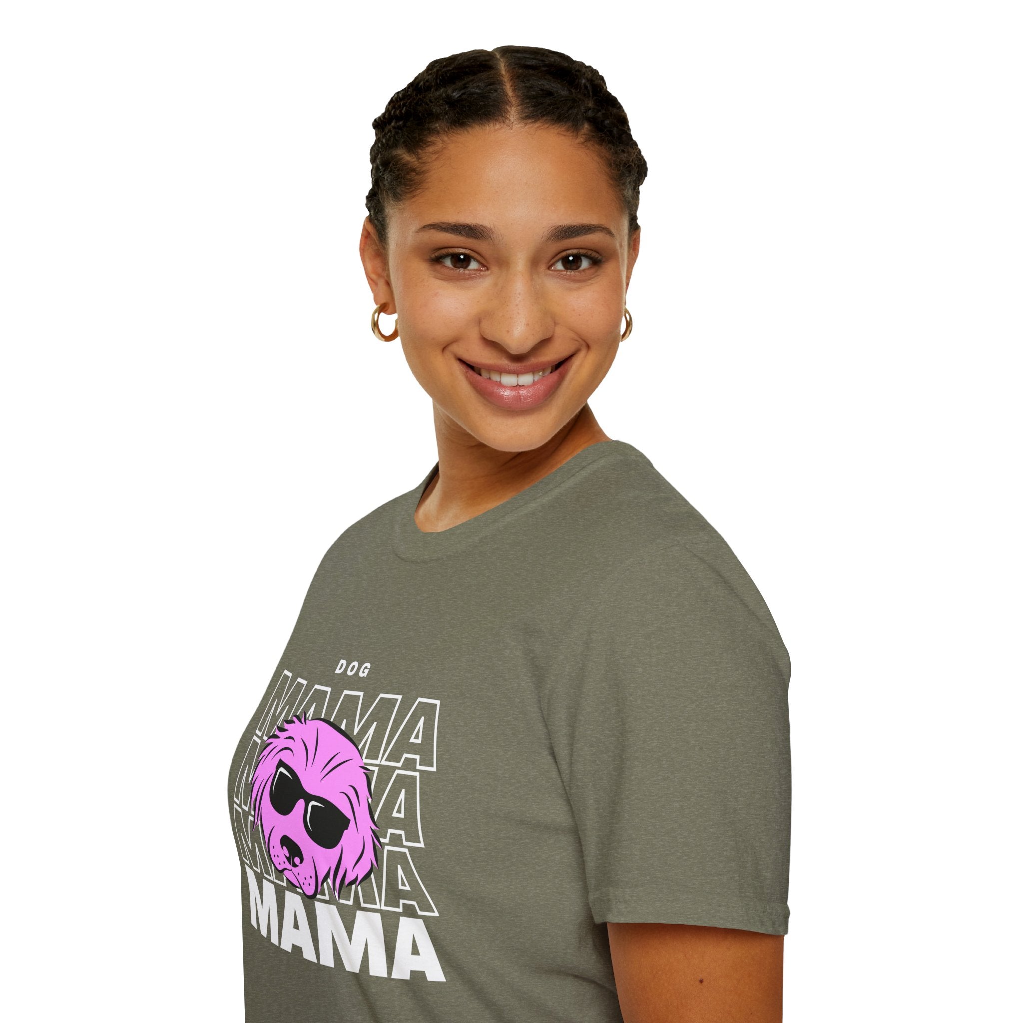 Cool "Dog Mama" T-Shirt with Pink Pup Design - Perfect for Dog Moms Woman | Animal Moms - Dog Lover Paw Shirt - Dog Mom Paw Lover Shirt - Unisex Softstyle T-Shirt