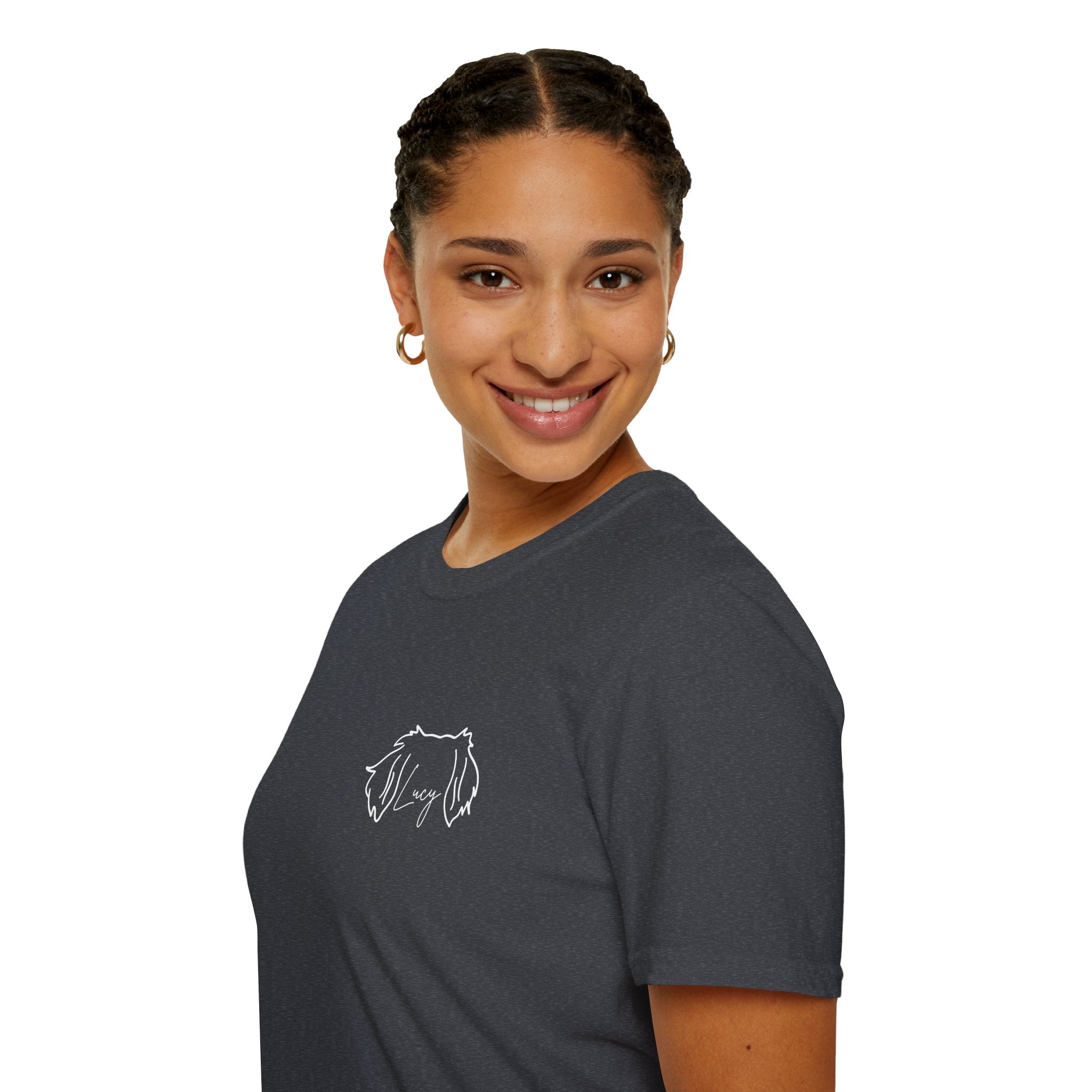 Lucy A Customized Shirt With Your Name Of Choice For Personalization - Funny Pet Lover Tee for Dog Moms | Pet Lovers Cute Pet Tees with Dog and Woman | Animal Moms - Dog Lover Paw Shirt - Dog Mom Paw Lover Shirt - Unisex Softstyle T-Shirt