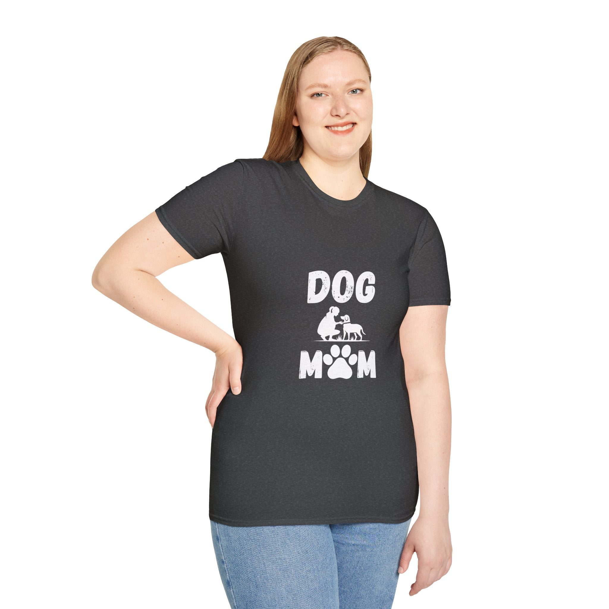 Dog Paw Printed On Heartbeat for Dog Lovers - Funny Pet Lover Tee for Dog Moms | Pet Lovers Cute Pet Tees with Dog and Woman | Animal Moms - Dog Lover Paw Shirt - Dog Mom Paw Lover Shirt - Unisex Softstyle T-Shirt