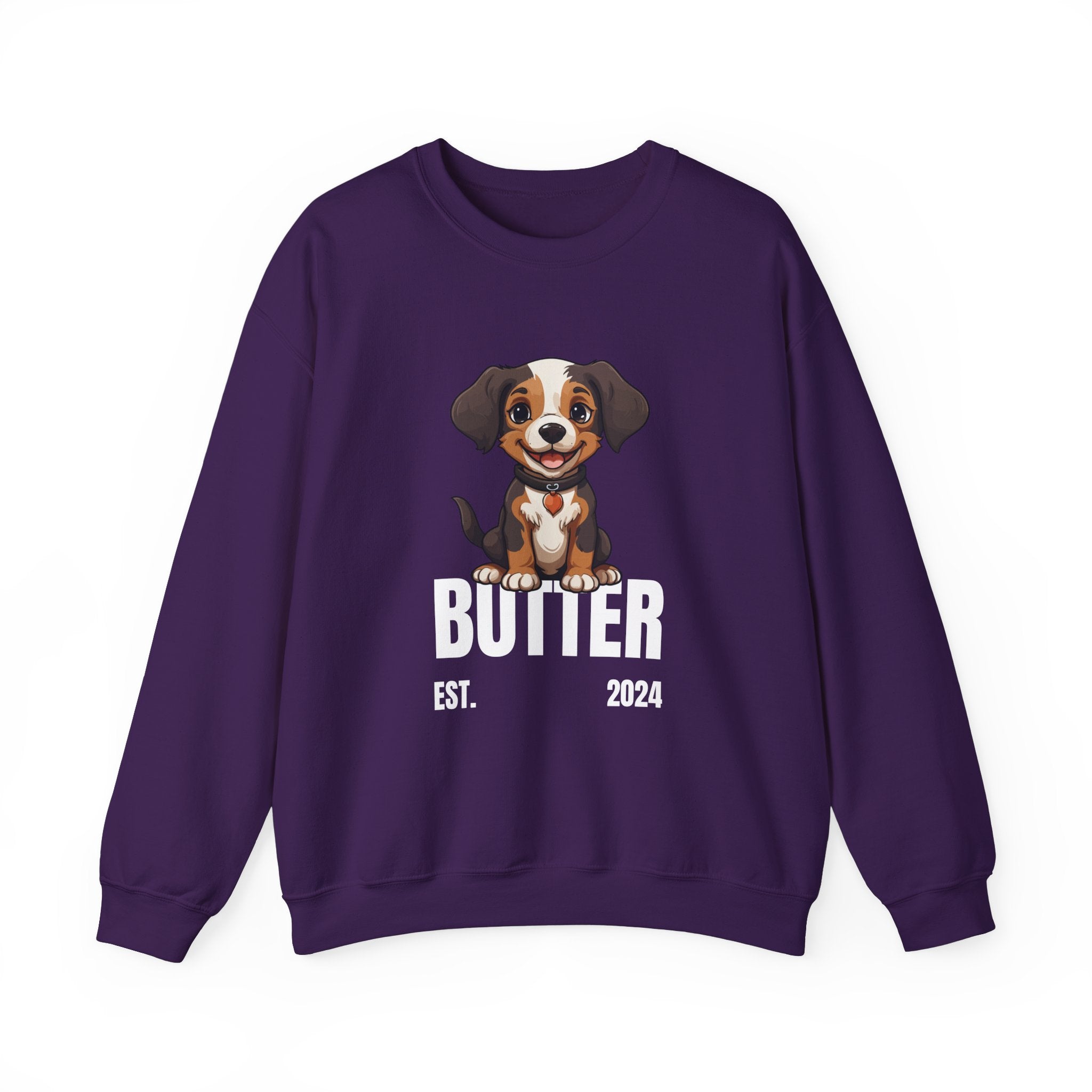 Cute Dog "Butter" Est. 2024 - Funny Pet Lover Tee for Dog Moms  for Proud Pet Lovers Pet Lovers Cute Pet Tees Design with Dog and Woman | Animal Moms | Animal Moms - Dog Owners Sweatshirt - Dog Lovers Sweatshirt - Unisex Heavy Blend™ Crewneck Sweatshirt