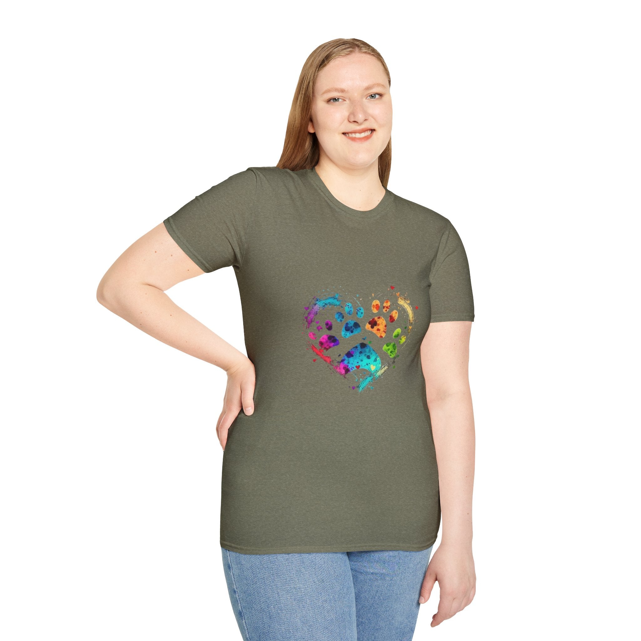 Colorful Paw Print In A Heart Shape For Dog Lovers - Funny Pet Lover Tee for Dog Moms | Pet Lovers Cute Pet Tees with Dog and Woman | Animal Moms - Dog Lover Paw Shirt - Dog Mom Paw Lover Shirt - Unisex Softstyle T-Shirt