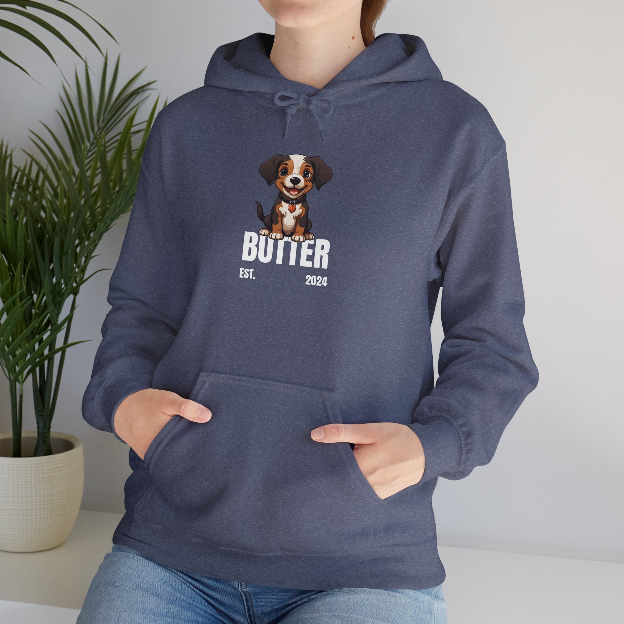 Cute Dog "Butter" Est. 2024 - Funny Pet Lover Tee for Dog Moms | Pet Lovers Cute Pet Tees Animal Moms Women’s Apparel - Pet Lovers Hoodie - Dog Paw Lovers Unisex Heavy Blend™ Hooded Sweatshirt